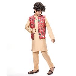 Pine Kids Woven  Full Sleeves Kurta Pyjama Set with Floral Foil Printed  Jacket - Red