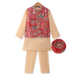 Pine Kids Woven  Full Sleeves Kurta Pyjama Set with Floral Foil Printed  Jacket - Red