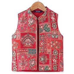 Pine Kids Woven  Full Sleeves Kurta Pyjama Set with Floral Foil Printed  Jacket - Red