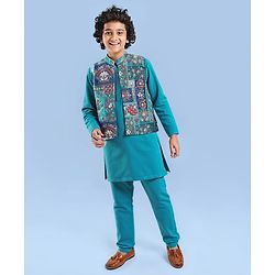 Pine Kids Woven Full Sleeves Solid Kurta Pyjama Set with Floral Embroidered Jacket - Teal Blue