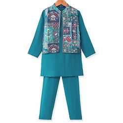 Pine Kids Woven Full Sleeves Solid Kurta Pyjama Set with Floral Embroidered Jacket - Teal Blue