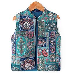Pine Kids Woven Full Sleeves Solid Kurta Pyjama Set with Floral Embroidered Jacket - Teal Blue