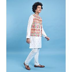Pine Kids Woven Full Sleeves Kurta Pyjama Set with Sequin Embroidered Jacket - White