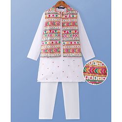 Pine Kids Woven Full Sleeves Kurta Pyjama Set with Sequin Embroidered Jacket - White