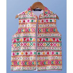 Pine Kids Woven Full Sleeves Kurta Pyjama Set with Sequin Embroidered Jacket - White
