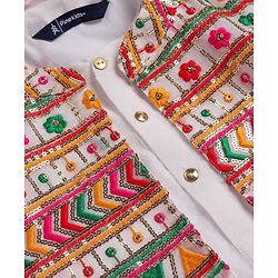 Pine Kids Woven Full Sleeves Kurta Pyjama Set with Sequin Embroidered Jacket - White
