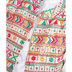 Pine Kids Woven Full Sleeves Kurta Pyjama Set with Sequin Embroidered Jacket - White