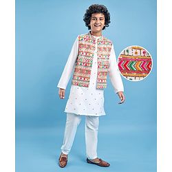 Pine Kids Woven Full Sleeves Kurta Pyjama Set with Sequin Embroidered Jacket - White
