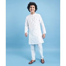 Pine Kids Woven Full Sleeves Kurta Pyjama Set with Sequin Embroidered Jacket - White