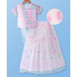 Pine Kids Woven Half sleeves Sequinned Floral Embroidered Choli Lahenga Set With Dupatta - Baby Pink