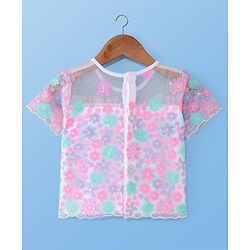 Pine Kids Woven Half sleeves Sequinned Floral Embroidered Choli Lahenga Set With Dupatta - Baby Pink