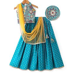Pine Kids Woven Sleeveless Halter Neck Floral Embroidered Choli Lahenga Set with Dupatta- Teal Blue