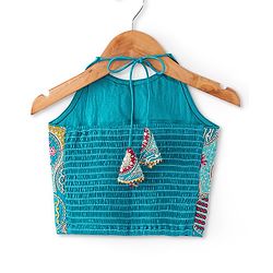 Pine Kids Woven Sleeveless Halter Neck Floral Embroidered Choli Lahenga Set with Dupatta- Teal Blue