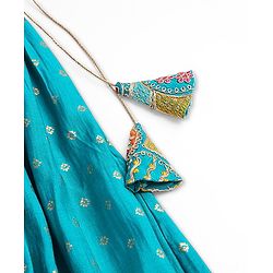 Pine Kids Woven Sleeveless Halter Neck Floral Embroidered Choli Lahenga Set with Dupatta- Teal Blue