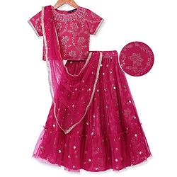 Pine Kids Woven Half Sleeves Choli Lehenga & Dupatta Set with Sequin Embroidery - Pink