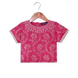 Pine Kids Woven Half Sleeves Choli Lehenga & Dupatta Set with Sequin Embroidery - Pink