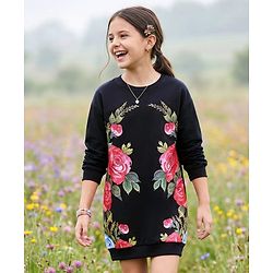 Pine Kids Cotton Knit Full Drop Shoulder Sleeves  Sweatshirt Dress With Floral Print - Black