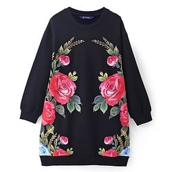 Pine Kids Cotton Knit Full Drop Shoulder Sleeves  Sweatshirt Dress With Floral Print - Black