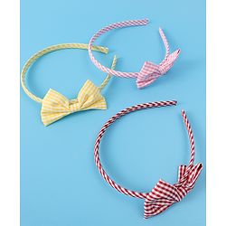 Pine Kids Hair Bands Bow Applique with Checks Free Size Pack of 3 - Red Pink & Yellow