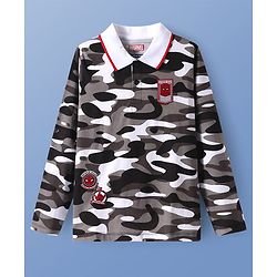 Pine Kids Marvel Single Jersey Knit Full Sleeves Polo T-Shirt with Camouflage Print Front & Back Spiderman Graphics - Grey Black & White