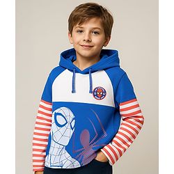 Pine Kids Marvel Knit Cut & Sew Design Full Doctor Sleeves Light Weight Hoodie Sweatshirt With Spiderman Graphics - Blue White & Red