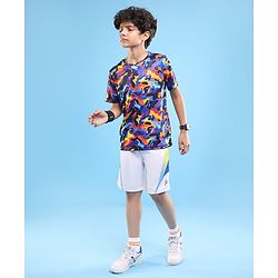 Pine Active Half Sleeves Camouflage Printed T-Shirt - Purple Blue & Yellow