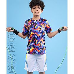 Pine Active Half Sleeves Camouflage Printed T-Shirt - Purple Blue & Yellow