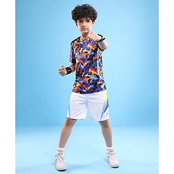 Pine Active Half Sleeves Camouflage Printed T-Shirt - Purple Blue & Yellow