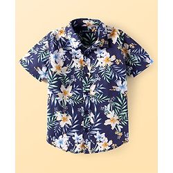Pine Kids Cotton Woven Half Sleeves Shirt With Floral Print - Navy Blue