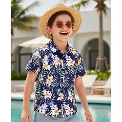 Pine Kids Cotton Woven Half Sleeves Shirt With Floral Print - Navy Blue