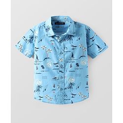 Pine Kids Cotton Woven Half Sleeves Shirt With Nautical Theme Print - Light Blue