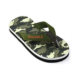 Pine Kids Slip On Flip Flops with Dino Print - Olive Green