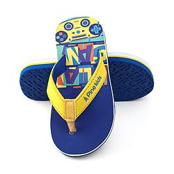 Pine Kids Slip On Flip Flops with Text & Game Controller  Print - Blue & Yellow