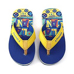 Pine Kids Slip On Flip Flops with Text & Game Controller  Print - Blue & Yellow