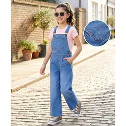Pine Kids Woven  Full Length  Sleeveless Washed Denim Dungaree - Navy Blue