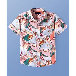 Pine Kids Woven Half Sleeves Tropical Theme Printed Shirt - Pink & Light Blue