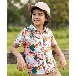 Pine Kids Woven Half Sleeves Tropical Theme Printed Shirt - Pink & Light Blue