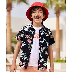 Pine Kids Viscose Woven Half Sleeves Floral Printed Shirt with T-Shirt - Blue & Black