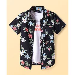 Pine Kids Viscose Woven Half Sleeves Floral Printed Shirt with T-Shirt - Blue & Black