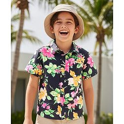 Pine Kids Viscose Woven Half Sleeves Shirt with Floral Print - Black