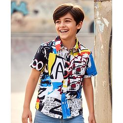 Pine Kids Woven Half Sleeves Text Printed Shirt - Blue & Black