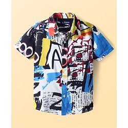 Pine Kids Woven Half Sleeves Text Printed Shirt - Blue & Black
