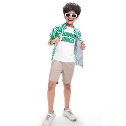 Pine Kids Viscose Woven Half Sleeves Tropical Theme Print Shirt with Sleeveless Inner T-Shirt - Green & White