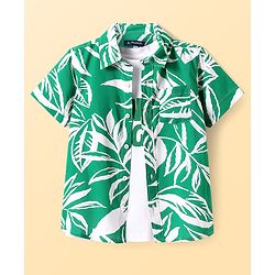 Pine Kids Viscose Woven Half Sleeves Tropical Theme Print Shirt with Sleeveless Inner T-Shirt - Green & White