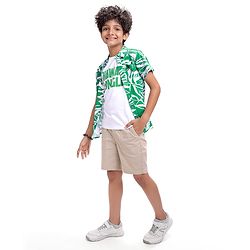 Pine Kids Viscose Woven Half Sleeves Tropical Theme Print Shirt with Sleeveless Inner T-Shirt - Green & White
