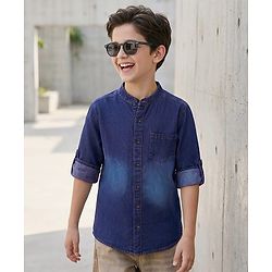 Pine Kids Woven Full Sleeves Washed Mandarin Collar Denim Shirt - Navy Blue