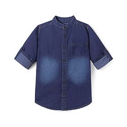 Pine Kids Woven Full Sleeves Washed Mandarin Collar Denim Shirt - Navy Blue