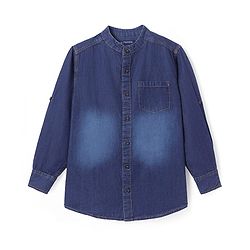 Pine Kids Woven Full Sleeves Washed Mandarin Collar Denim Shirt - Navy Blue