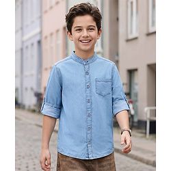 Pine Kids Woven Full Sleeves Washed Mandarin Collar Denim Shirt - Navy Blue