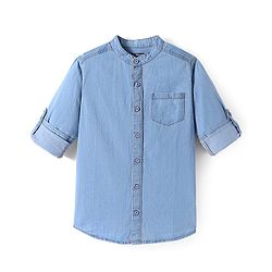 Pine Kids Woven Full Sleeves Washed Mandarin Collar Denim Shirt - Navy Blue